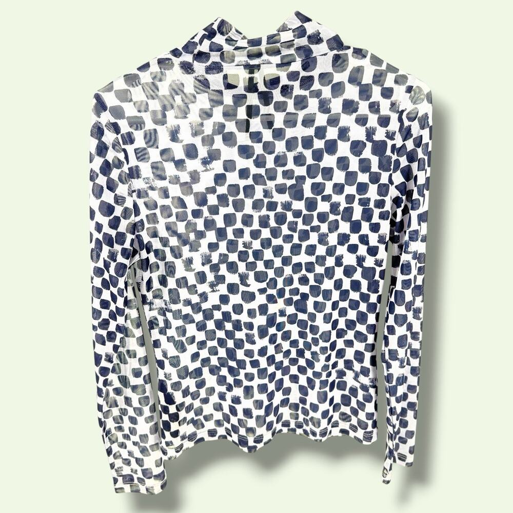 By Anthropologie Mesh Turtleneck Top Women's S Blue White Geometric Print Sheer
